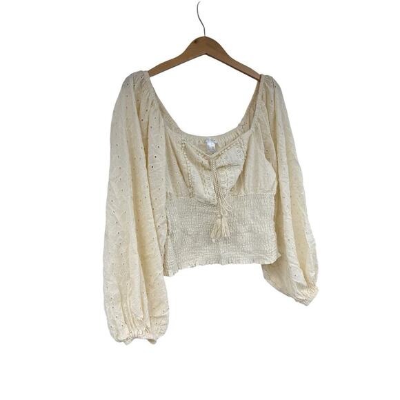 Venus Cream Long Puff Sleeve Boho Milkmaid Style Cropped Top Womens Large - Picture 4 of 7